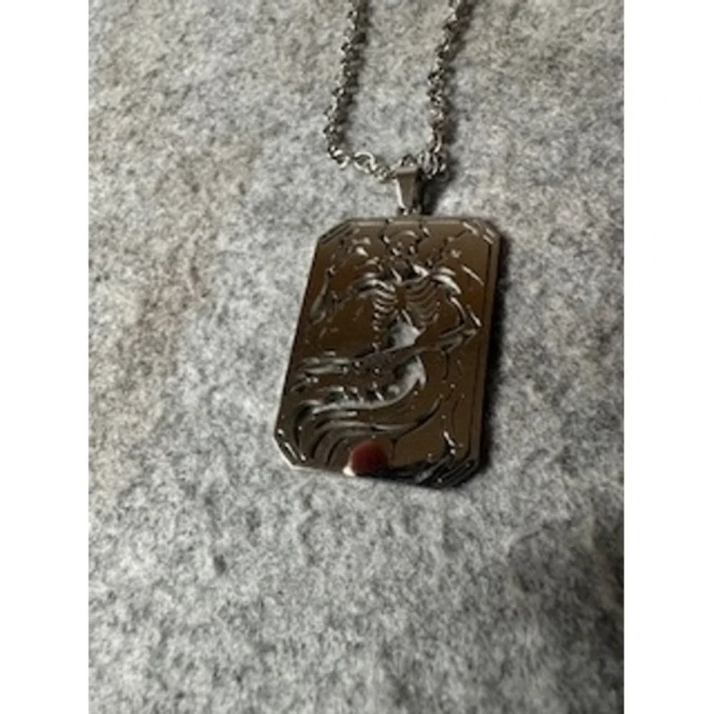 Silver Skeleton Dog Tag Necklace Etched Grim Reaper Pendant Rolo Chain 24 Inch